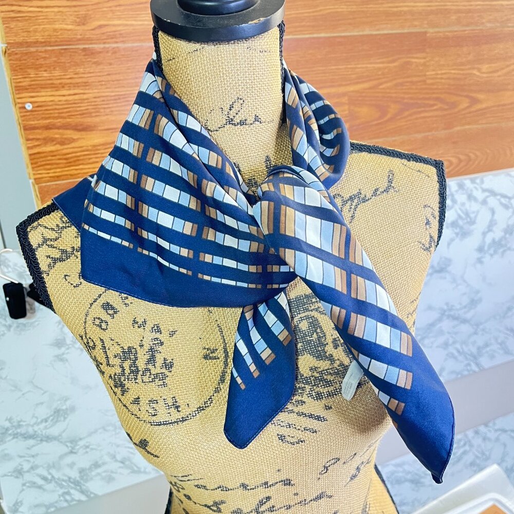 womens plaid scarf Made in Italy polyester blue brown 26" squared vtg